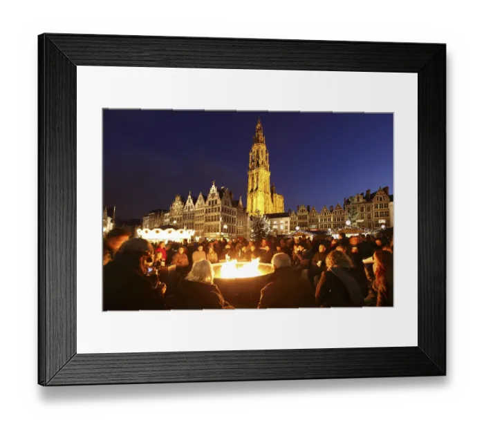 Framed Print : People drinking mulled wine around a big gas flame campfire Framed Print : People drinking mulled wine around a big gas flame campfire
