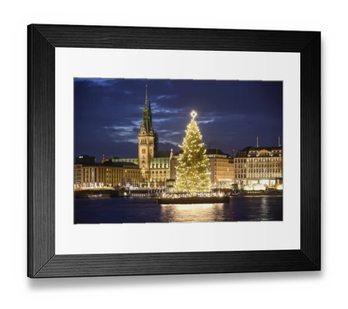 Framed Print : Binnenalster lake with Christmas tree and Town Hall at Christmas time