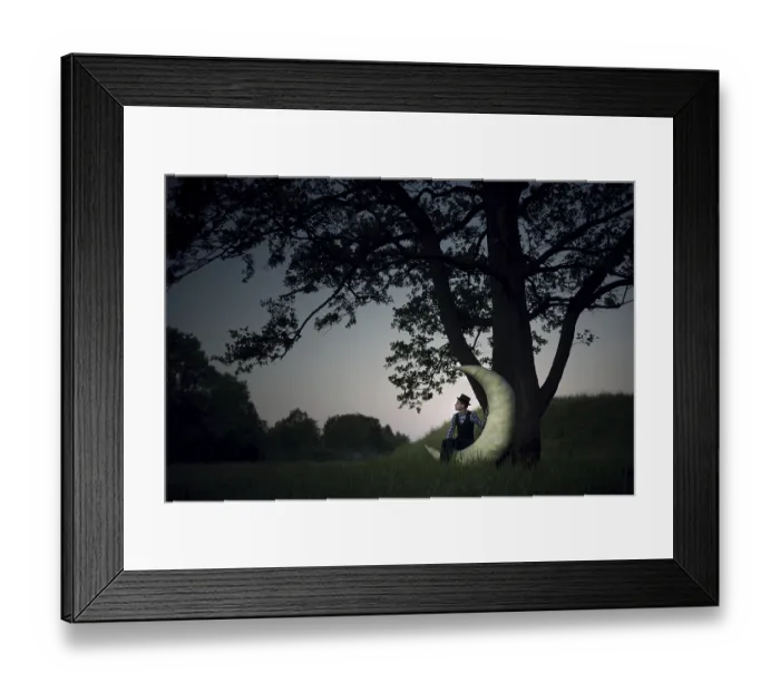 Framed Print : Man sitting in the moon, crescent moon Framed Print : Man sitting in the moon, crescent moon