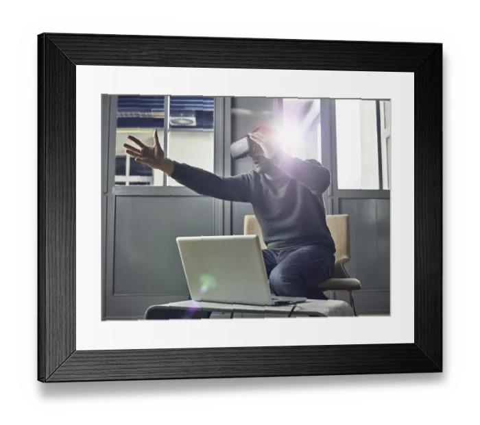 Framed Print : Man with VR goggles, virtual reality glasses Framed Print : Man with VR goggles, virtual reality glasses