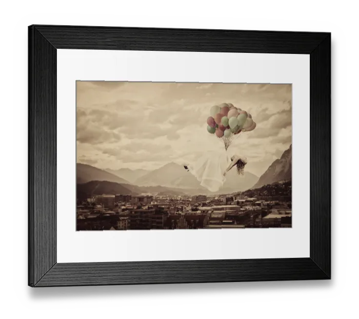Framed Print : Bride floating on balloons over Innsbruck Framed Print : Bride floating on balloons over Innsbruck