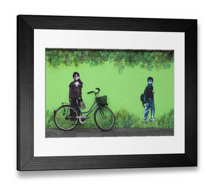 Framed Print : Painted wall and bicycle, street art