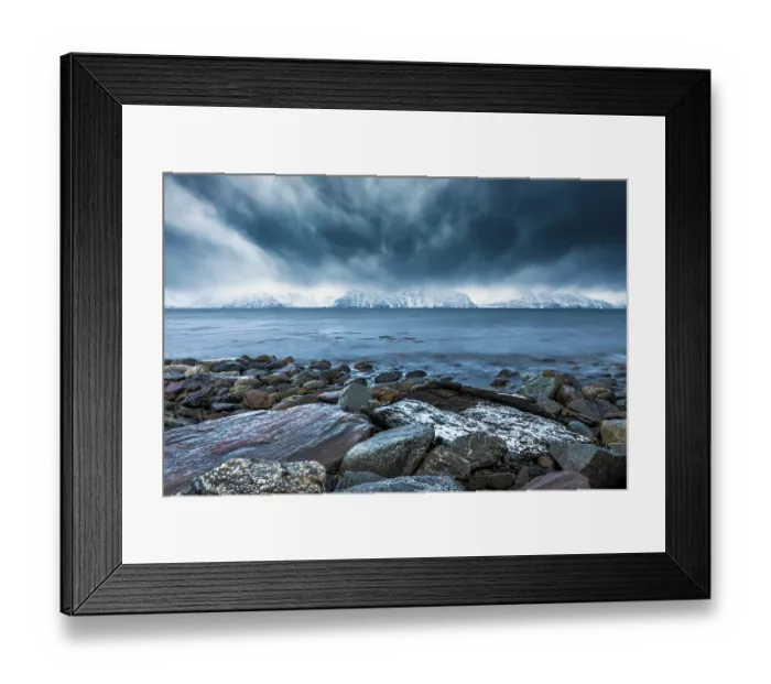 Framed Print : Cloudy atmosphere, Fjord Lyngen, Skibotn, Norway Framed Print : Cloudy atmosphere, Fjord Lyngen, Skibotn, Norway
