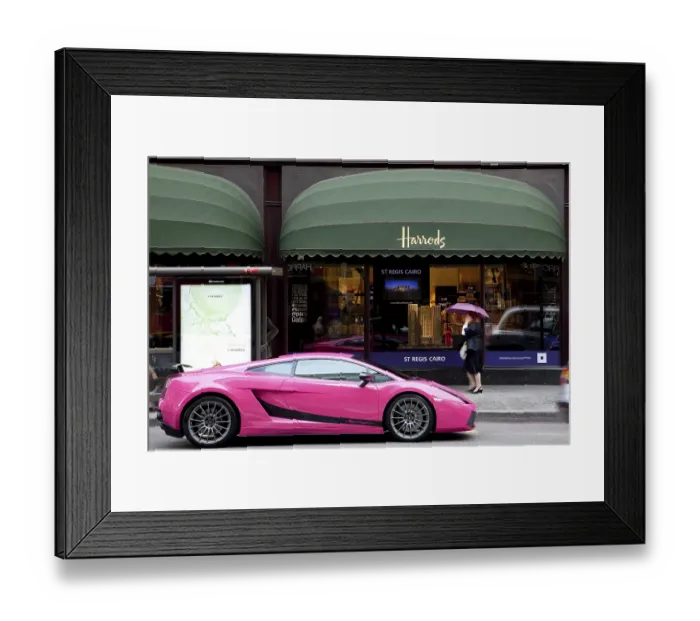 Framed Print : Lamborghini Gallardo Superleggera in front of the Harrods department store in London Framed Print : Lamborghini Gallardo Superleggera in front of the Harrods department store in London