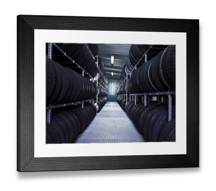 Framed Print : Tyre warehouse of VW Strasser, Volkswagen car repair shop