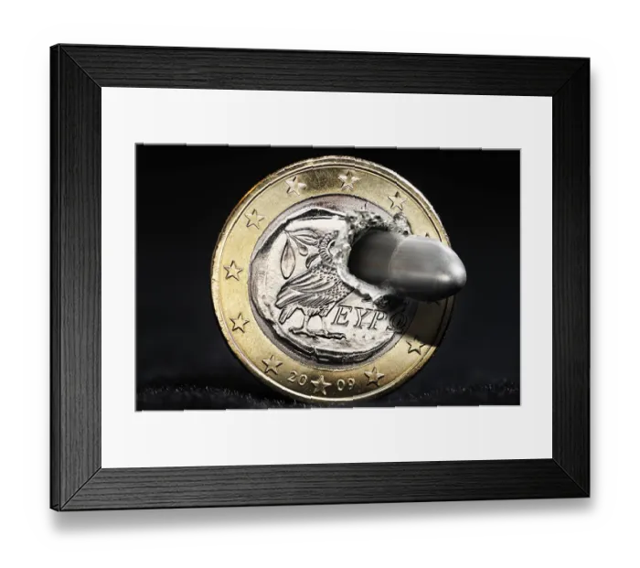 Framed Print : Greek euro is shot through with bullet