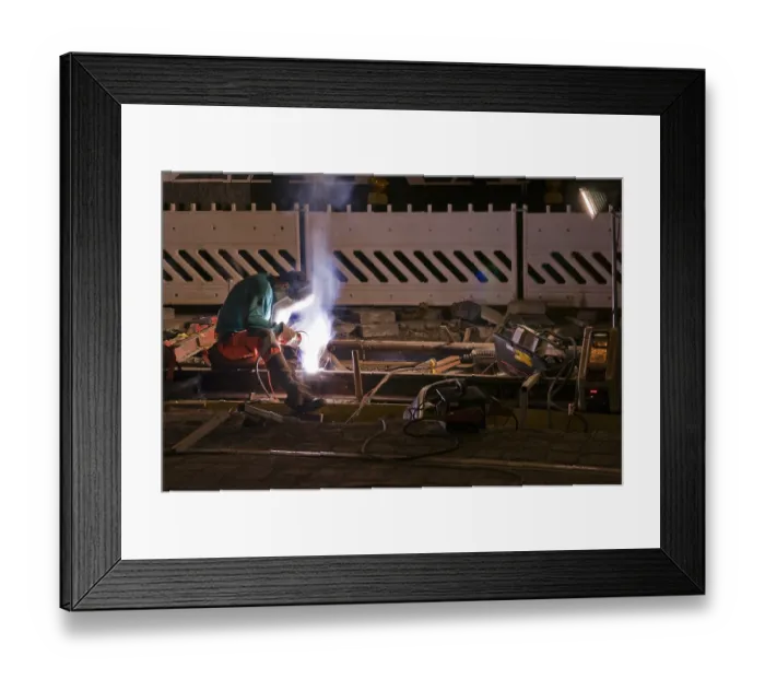 Framed Print : Nocturnal welding works on the track bed of a tram