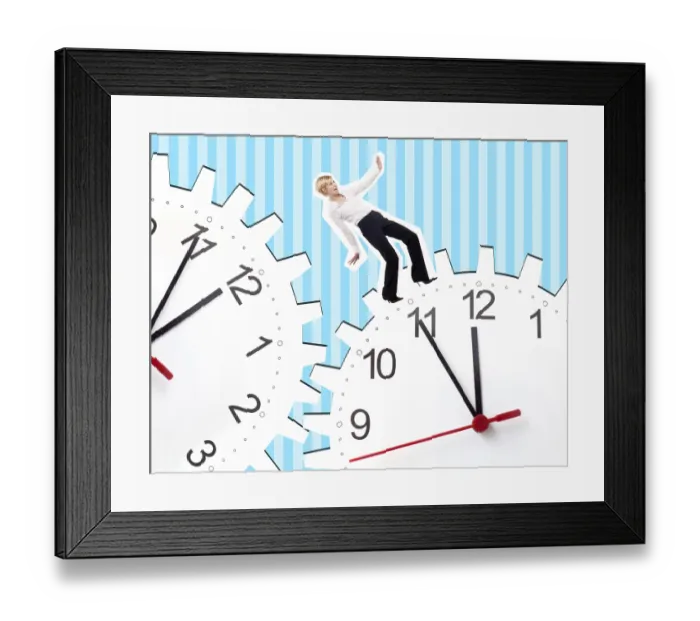 Framed Print : Young business woman between two clocks, composing