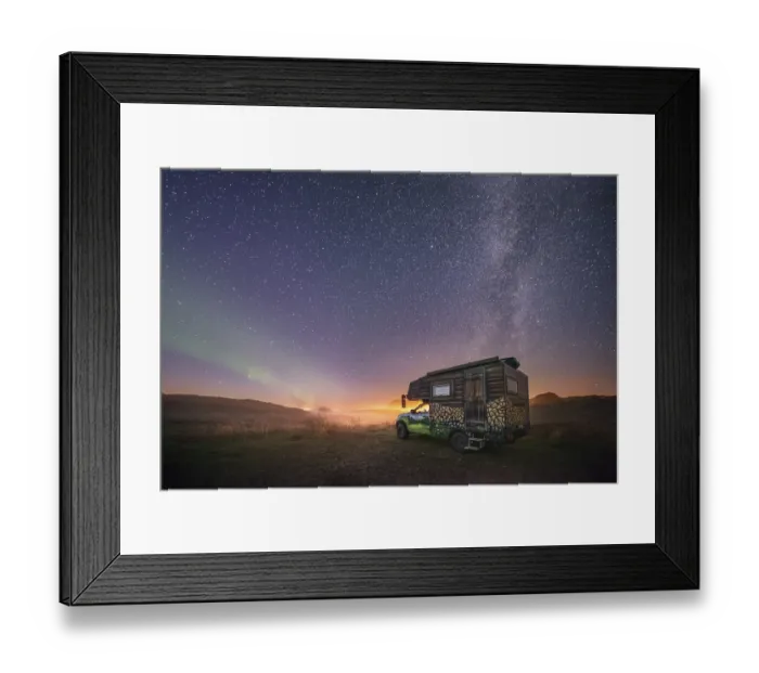 Framed Print : Night shot of a painted camper van under the Milky Way with northern lights