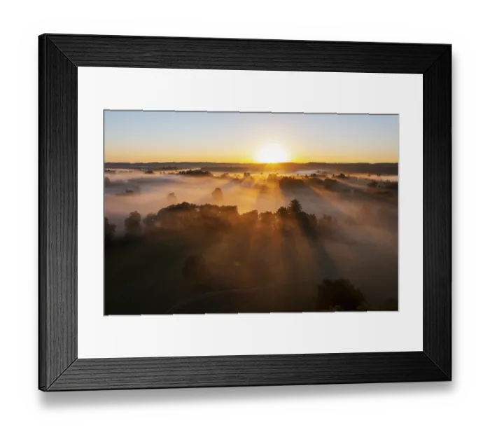 Framed Print : Sunrise with fog over cultivated landscape