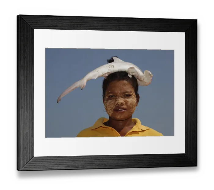 Framed Print : Fishwife carrying a small hammerhead shark on her head Framed Print : Fishwife carrying a small hammerhead shark on her head