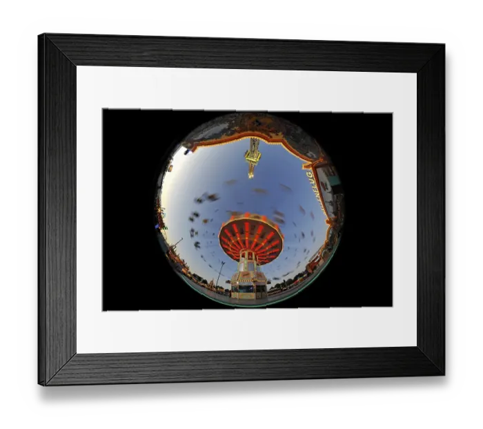 Framed Print : Night scene, fisheye shot, Chair-O-Planes or swing carousel Framed Print : Night scene, fisheye shot, Chair-O-Planes or swing carousel