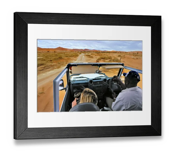 Framed Print : In Safari car on the dunes of the Sossusvlei Framed Print : In Safari car on the dunes of the Sossusvlei