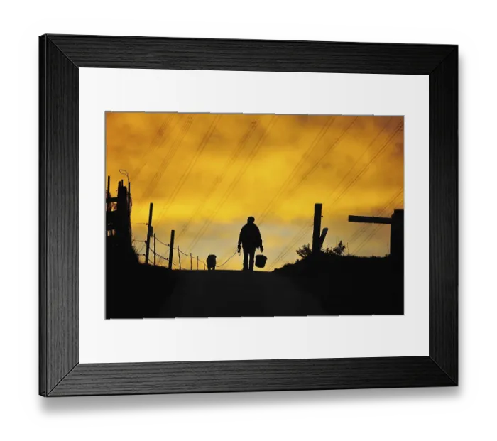 Framed Print : Man and dog walking along path Framed Print : Man and dog walking along path