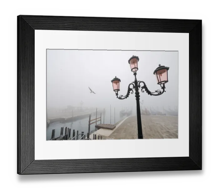 Framed Print : Street lamp and gondolas in the fog Framed Print : Street lamp and gondolas in the fog