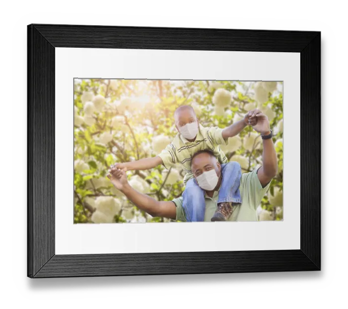 Framed Print : African American Father And Son Playing Outdoors Wearing Medical Face Mask