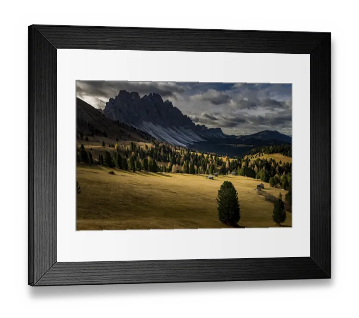 Framed Print : Odle group with Larch forest (Larix) and alpine huts in autumn Framed Print : Odle group with Larch forest (Larix) and alpine huts in autumn