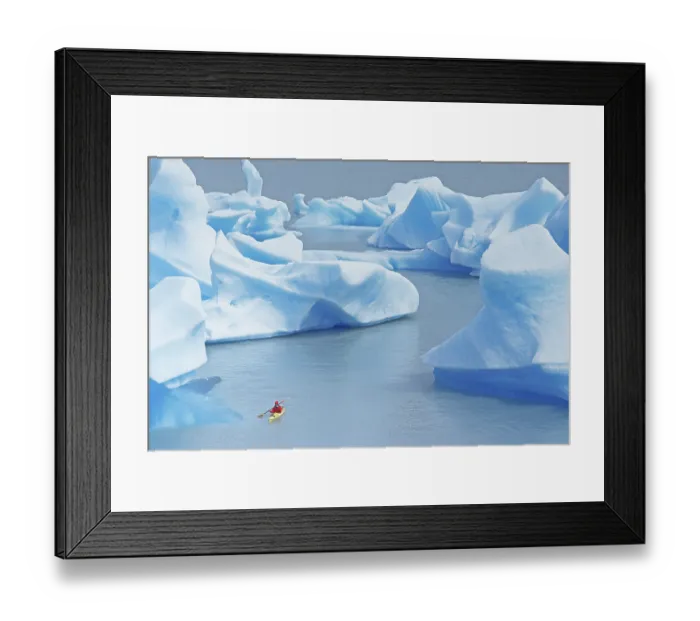 Framed Print : Kayaker on lake, icebergs on Lago Grey Framed Print : Kayaker on lake, icebergs on Lago Grey