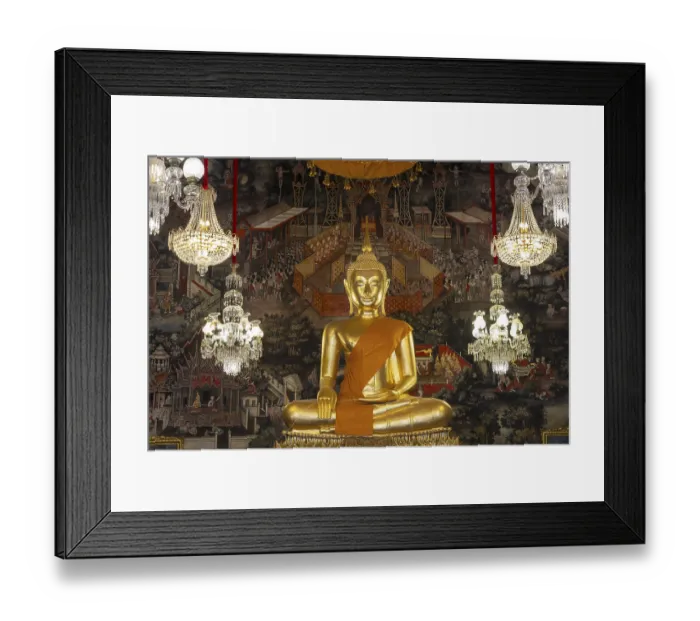 Framed Print : Golden Buddha statue, Phra Buddha Trilokachet surrounded by crystal chandeliers and exquisite wall paintings