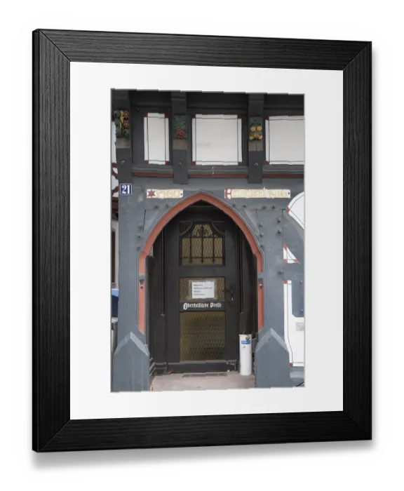 Framed Print : Door and decoration on half-timbered house Framed Print : Door and decoration on half-timbered house
