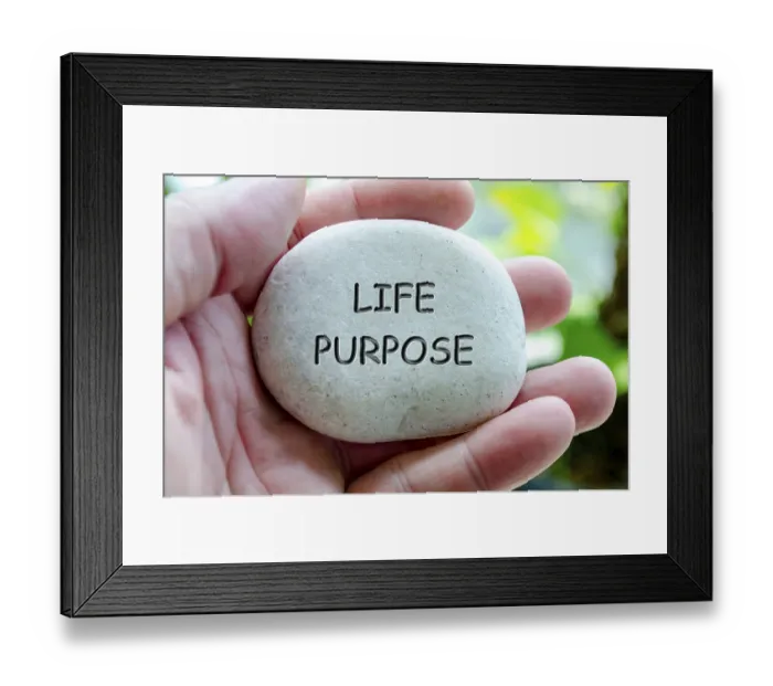 Framed Print : Life Purpose text engraved on white stone Framed Print : Life Purpose text engraved on white stone