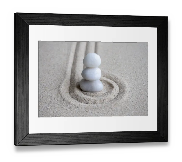 Framed Print : White Zen stones on circles formation with customizable space for text