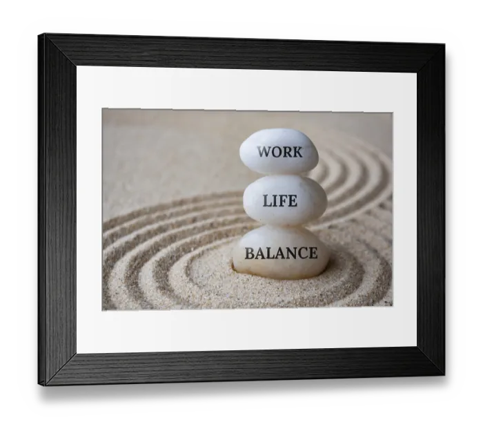 Framed Print : Work life balance text on zen stones with sand background
