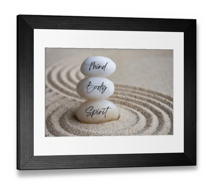 Framed Print : Mind, body and soul text on zen stones with sand background Framed Print : Mind, body and soul text on zen stones with sand background