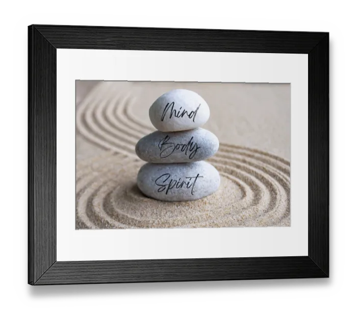 Framed Print : Mind, body and soul text on zen stones with bright light background