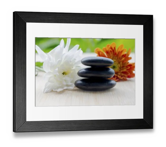 Framed Print : Green leaves and white bloom paired with zen stones refreshing calm with customizable space for text