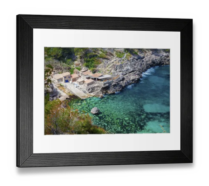 Framed Print : Upper view of the beach Cala de Deia