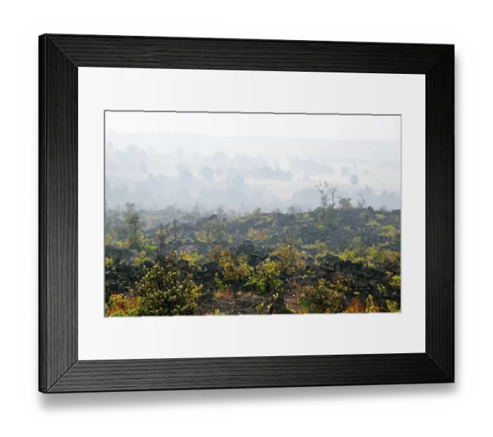 Framed Print : Foggy landscape of the valley, where the volcano was