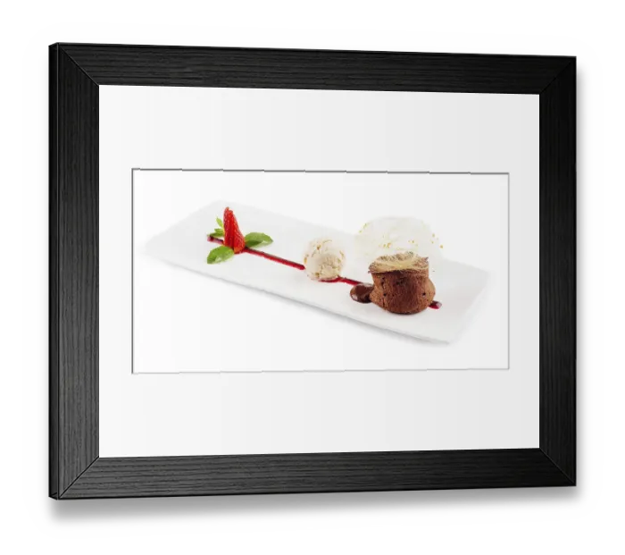 Framed Print : Food, Chocolate volcano with vanilla ice cream and strawberry