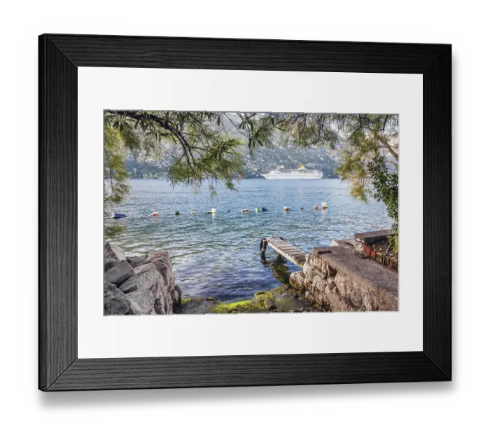 Framed Print : Tourist white cruise sea liner is sailing in rocky bay on the mountain background