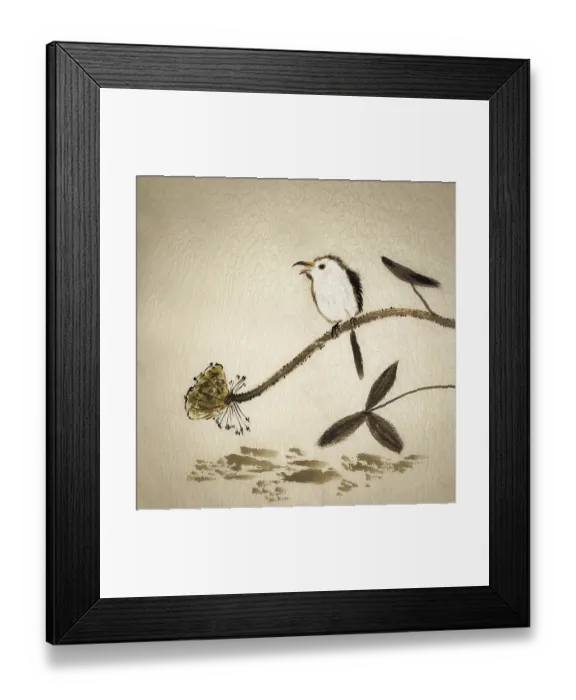 Framed Print : Chinese traditional ink painting with birds and flowers on yellow old canvas