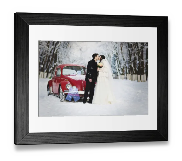 Framed Print : Wedding couple in winter near old vintage car