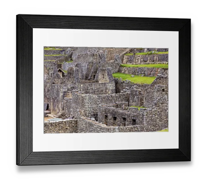 Framed Print : Detailed Inca stone structures and green terraces near Machu Picchu Framed Print : Detailed Inca stone structures and green terraces near Machu Picchu