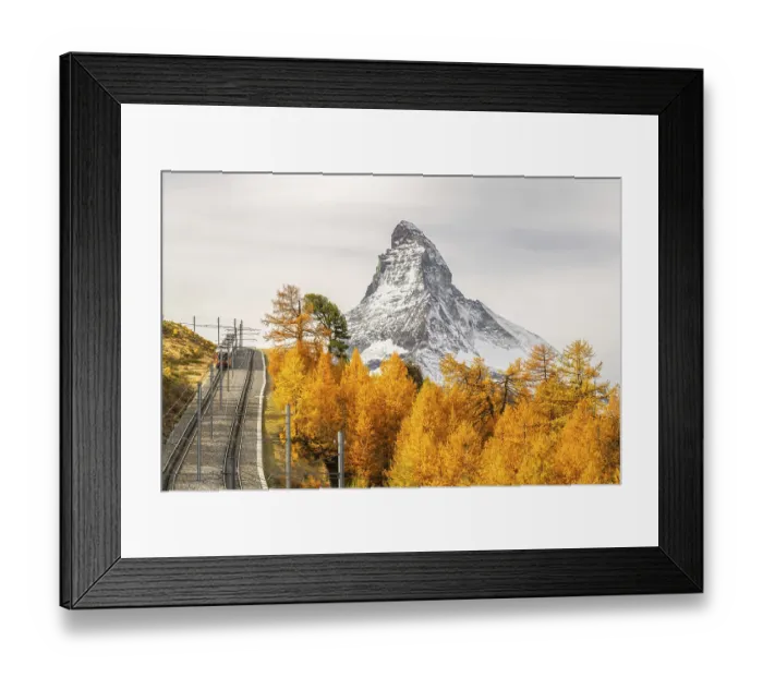 Framed Print : Rack Railway Train, Matterhorn Mountain and Yellow Golden Larches in Autumn
