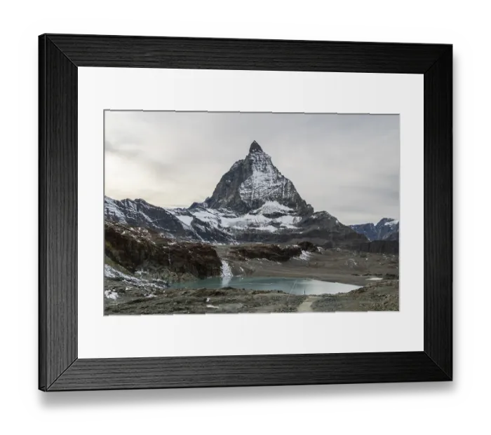 Framed Print : Matterhorn Mountain and Theodulgletschersee Lake on Cloudy Day