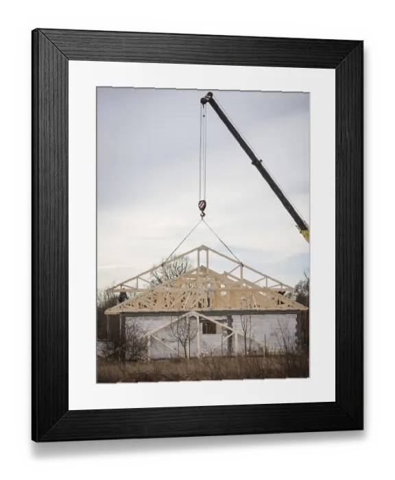 Framed Print : Installation of the wooden roof structure of a single-family house in Tymowa