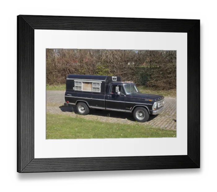 Framed Print : Black vintage Ford F100 Styleside Sport custom pickup truck with camping body Framed Print : Black vintage Ford F100 Styleside Sport custom pickup truck with camping body