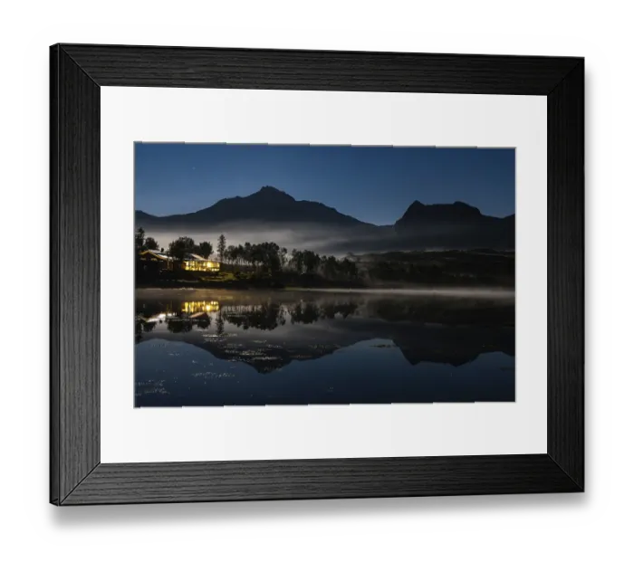 Framed Print : Moon and northern lights at the lake in Sandsletta