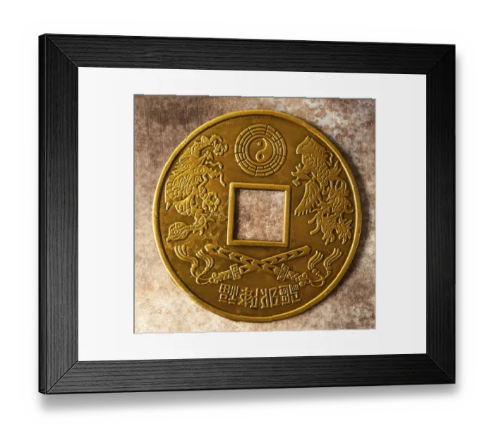 Framed Print : A gold coin features a dragon and tiger with a yin yang symbol