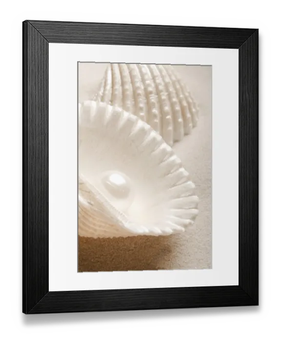 Framed Print : A smooth pearl inside an open seashell resting on beige sand