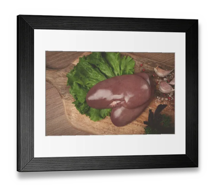 Framed Print : Raw pork kidneys, on a chopping board