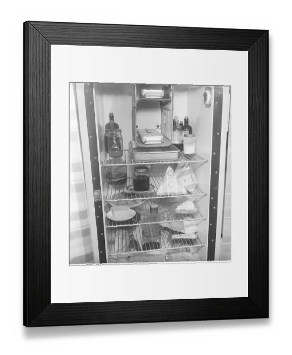 Framed Print : In the refrigerator 1951. Food products of various kinds that are seen on the shelves