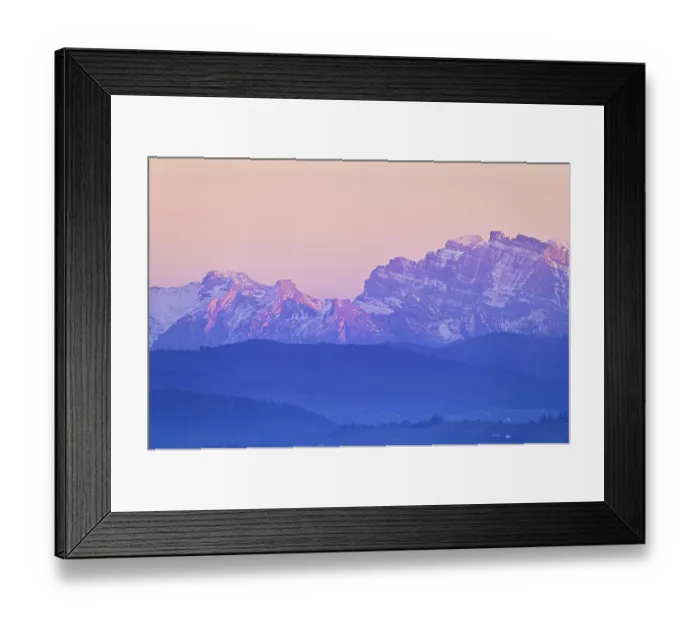 Framed Print : View of Zugerberg from Horben, behind it the snow-covered mountains Flubrig and Vrenelisgartli