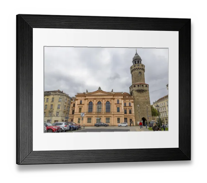 Framed Print : Pink medieval building and next to it Reichenbach Tower