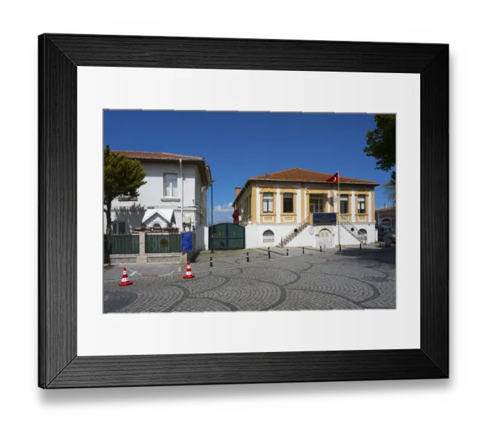 Framed Print : Cobblestone street with historic buildings and a Turkish flag Framed Print : Cobblestone street with historic buildings and a Turkish flag