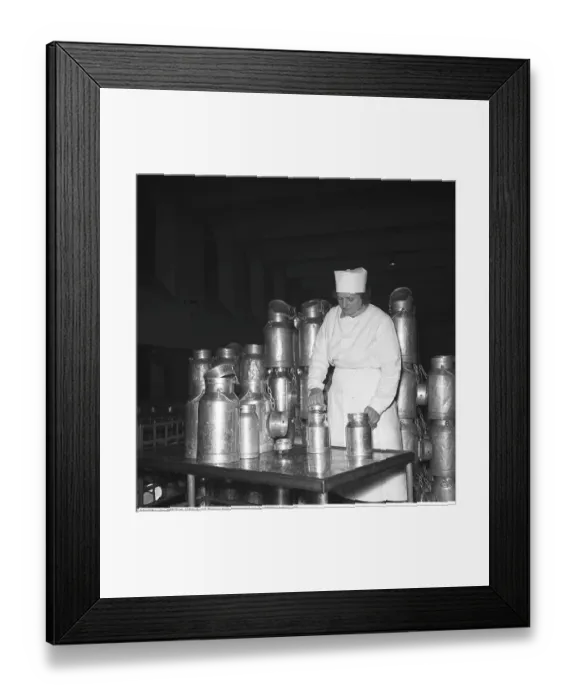 Framed Print : Female dairymaid with various containers for storing dairy products